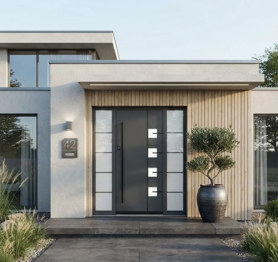 Moderne Aluminium-Haustür in Anthrazit mit Seitenteilen, Lichtausschnitten und langem Stangengrif